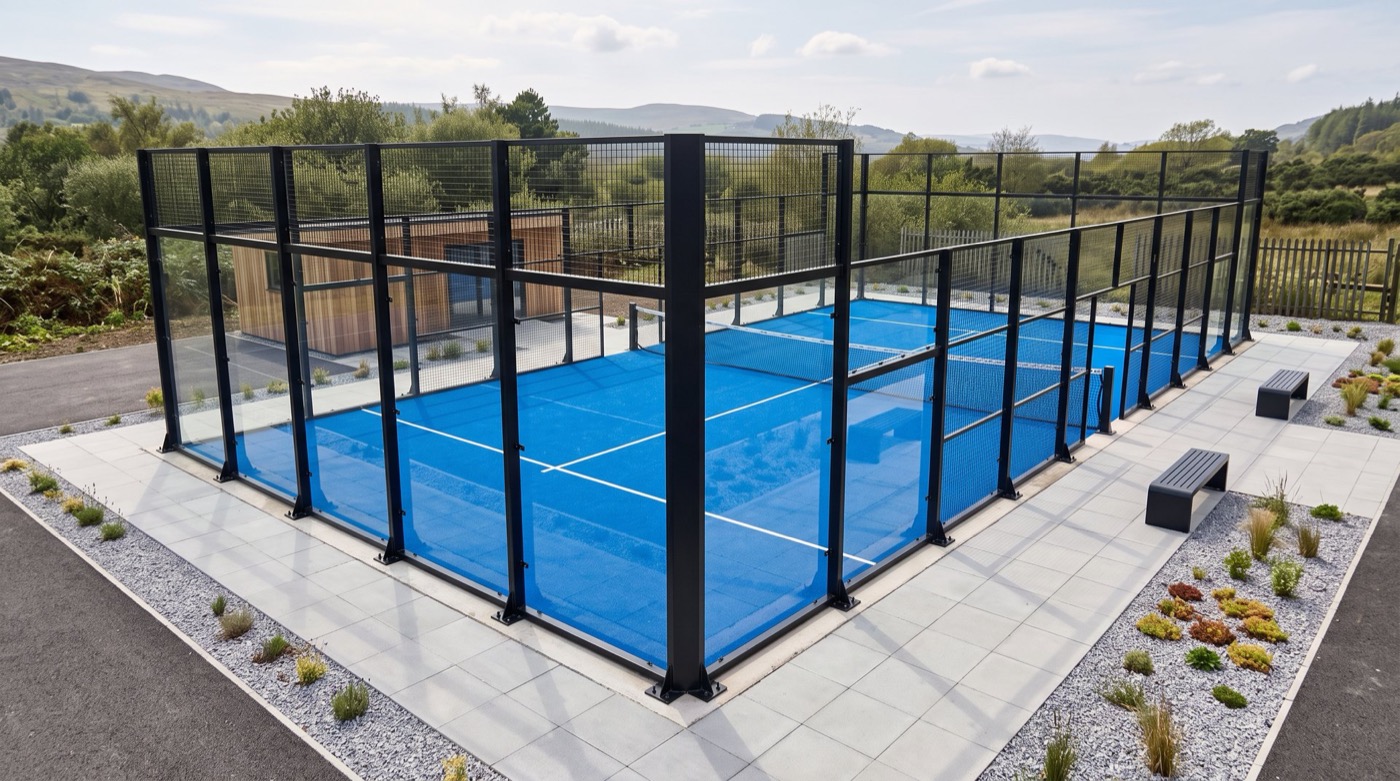 A modern glass-walled padel court with blue turf, bench seating and a timber clubhouse