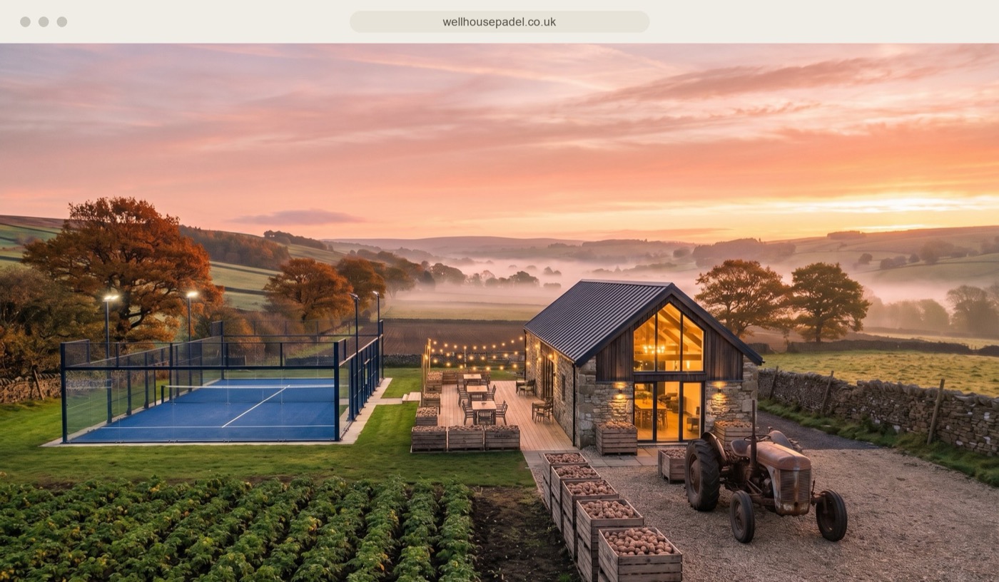 Concept render of a farmyard becoming a padel club, with courts between the barns and open fields behind