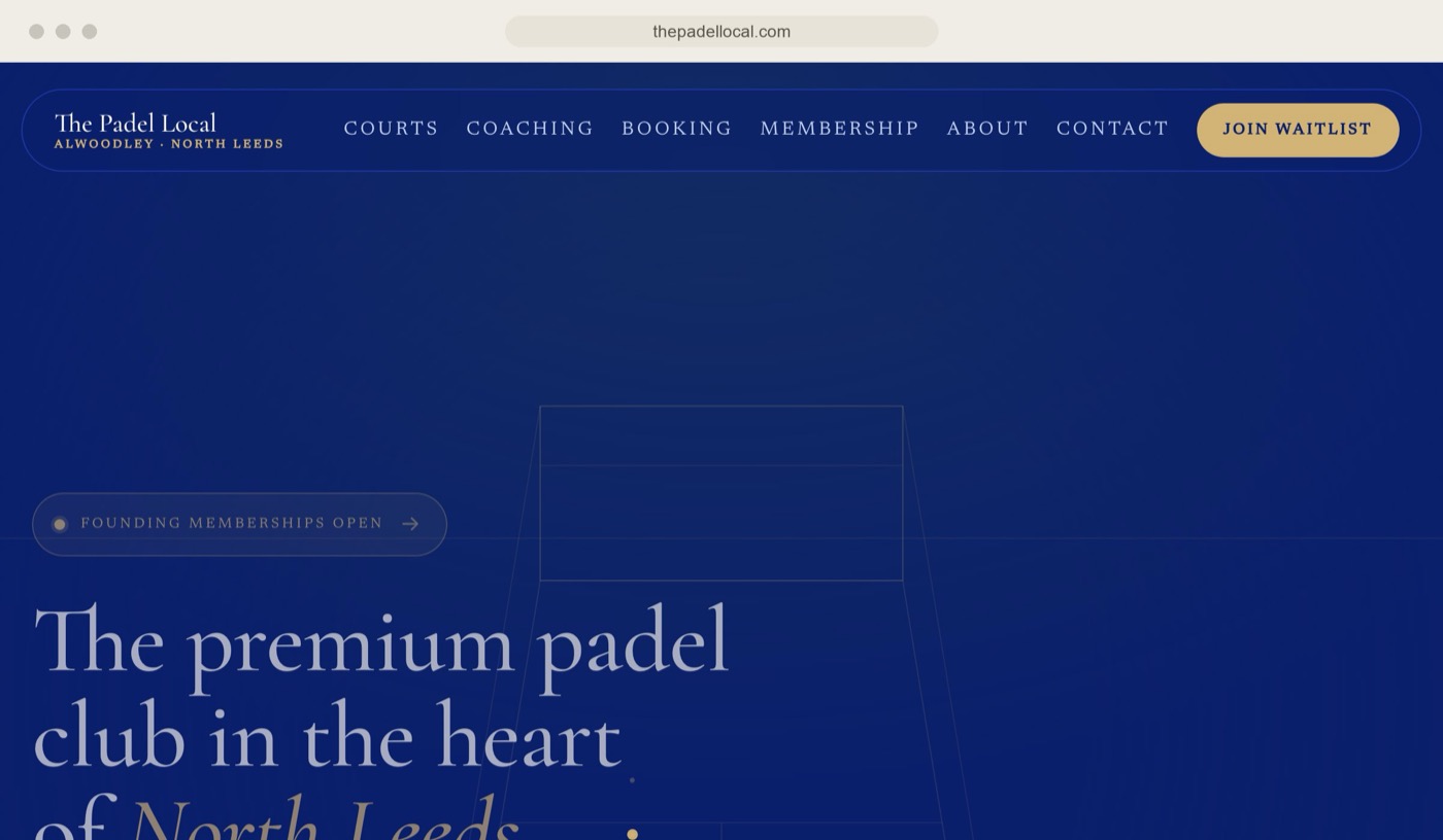 The Padel Local's website, built around a pre-launch waitlist for a new padel club in north Leeds